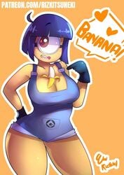 1girls banana between_breasts big_breasts blue_eyes breasts brown_eyes cleavage clothed clothing cyclops despicable_me english_text female female_only goggles hips looking_away miiyauwu minion minions_(film) one-eyed one_eye open_mouth rizkitsuneki rule_63 short_hair smile solo text thick_thighs thighs yellow_skin