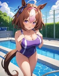 1girls ai_generated big_breasts breasts brown_hair cleavage collarbone female hair_ornament huge_breasts meisho_doto_(umamusume) one-piece_swimsuit pool school_swimsuit solo suk_min swimsuit two_tone_hair umamusume umamusume_pretty_derby white_hair