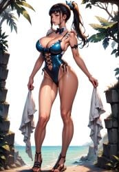 1girls ai_generated boob_window breasts cleavage eve_(stellar_blade) league69 long_hair looking_at_viewer one-piece_swimsuit ponytail stellar_blade thighs