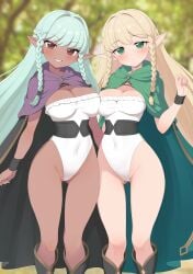 2girls black_cape black_wristband blonde_hair blurry blurry_background blush braid braided_sidelock breasts cape capelet character_request cleavage closed_mouth commentary_request covered_navel dark-skinned_female dark_elf dark_skin dot_mouth elf eltolinde_(unicorn_overlord) french_braid green_capelet green_eyes hand_up highleg highleg_leotard highres large_breasts leotard long_hair looking_at_viewer multiple_girls pointy_ears purple_capelet ransusan red_eyes rosalinde_(unicorn_overlord) smile unicorn_overlord white_hair white_leotard