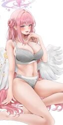 1girls angel_wings bare_shoulders big_breasts blue_archive blush breasts cameltoe cleavage female_only fte_(fifteen_199) hair_bun hair_intakes halo highres light-skinned_female light_skin long_hair mika_(blue_archive) navel open_mouth pink_hair thighs underwear white_background wings yellow_eyes