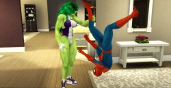 1boy 1girls 3d 3d_(artwork) abs big_breasts female fingerless_gloves gloves green-skinned_female green_body green_hair green_skin hero heroine hips holding_by_legs hulk_(series) legs leotard male marvel marvel_comics painted_nails pof3445 she-hulk shoes spider-man spider-man_(series) straight stronger_female superhero superheroine thighs