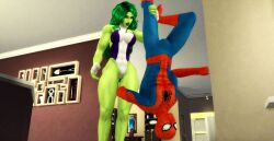 1boy 1girls 3d 3d_(artwork) abs big_breasts female fingerless_gloves gloves green-skinned_female green_body green_eye green_hair green_skin hero heroine hips holding_by_legs hulk_(series) legs leotard male marvel marvel_comics painted_nails pof3445 she-hulk spider-man spider-man_(series) straight stronger_female superhero superheroine thighs