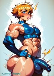 1boy 1femboy ai ai_generated back_muscles balls big_ass big_balls big_butt big_thighs blonde_hair blue_eyes choker clothed femboy hung_trap muscular muscular_arms muscular_male nipples orb orb_mage(oc) precum solo solo_femboy solo_male thick_ass thick_thighs trap yaoi