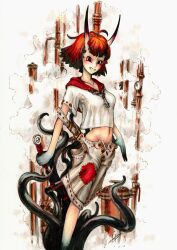 1girls blush clothing demon female horns oc plagueart shirt short_hair skirt skirt_down smile steampunk sword tagme tentacle tentacles_under_clothes traditional_media_(artwork) white_skirt