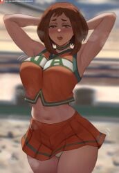 1girls armpits arms_above_head bare_midriff breasts brown_eyes brown_hair cheerleader cheerleader_uniform choker collar crop_top female hands_behind_head hi_res hips huge_breasts large_breasts light-skinned_female light_skin my_hero_academia ochako_uraraka oroborusart panties_visible_under_skirt plump pudgy_belly savagexthicc short_hair skirt sweat sweating thick_thighs thighs u.a._cheerleader_outfit wide_hips