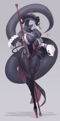 alternate_costume big_breasts black_skin chinese_clothes cleavage high_heels horn horns huge_breasts ill_(ub1mo) jiangshi long_hair long_tail looking_at_viewer muscular muscular_female one_eye_covered robot robot_girl staff tail taoist_talisman ub1mo white_hair yellow_eyes