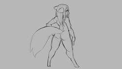 16:9 2018 anthro anus ass breasts canid canine canis digitigrade domestic_dog female grey_background hair hi_res long_hair mammal monochrome nipples nude pussy rear_view simple_background solo standing watsup