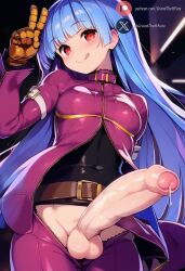 ai_generated balls big_penis blue_hair blush clothed cock dickgirl erection foreskin futa_only futanari huge_cock indoors intersex king_of_fighters kula_diamond light-skinned_futa light-skinned_futanari light_skin long_hair looking_at_viewer penis precum red_eyes roxygtf solo standing uncircumcised
