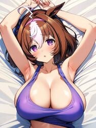 1girls ai_generated big_breasts breasts brown_hair cleavage collarbone female huge_breasts meisho_doto_(umamusume) merry〜 shirt solo two_tone_hair umamusume umamusume_pretty_derby white_hair