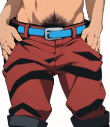 1boy ai_generated belt blue_belt crotch_focus excessive_pubic_hair guido_mista jojo's_bizarre_adventure male male_only pubic_hair shirtless shirtless_male solo tiger_print vento_aureo