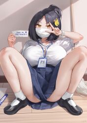 1girls bare_legs big_breasts black_hair black_shoes blue_skirt brown_eyes eyebrows_visible_through_hair face_mask facemask female_only flats gao-lukchup gao_(gaolukchup) hair_ornament id_card lanyard lanyard_between_breasts light-skinned_female light_skin loogchoob_(gaolukchup) mary_janes number original peace_sign school_uniform schoolgirl shoes sitting sitting_on_floor skirt solo squatting white_shirt white_socks