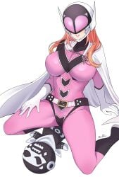 1girls big_breasts bikini dragon_keeper duster_(species) female_only fit_female go!_go!_loser_ranger! mask masked masked_female narulinn orange_hair pink_keeper plushie ranger_reject sakurama_sesera sentai_daishikkaku skin_tight skintight smile smiling thick_thighs white_background