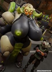 3d_(artwork) absurd_res anthro areola big_breasts blizzard_entertainment breasts camera_view clothed clothing detailed_background dialogue digital_media_(artwork) dragonantojos duo epic_games female foam fortnite genitals hi_res horn huge_breasts looking_at_viewer machine male nipples omnic orisa overwatch robot selfie_stick skillet_(fortnite) taur