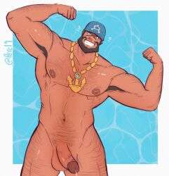 archie_(pokemon) armpit_hair balls bara beard body_hair facial_hair flaccid flexing headkerchief male male_only muscles muscular nintendo nude penis pokemon solo solo_male team_aqua zombie_perc