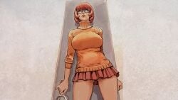 1girls ass_from_the_front big_breasts big_lips brown_hair glasses magnifying_glass orange_sweater red_skirt scooby-doo short_hair velma_dinkley
