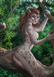 2019 5_fingers anthro areola breasts brown_eyes brown_hair detailed_background etskuni felid female fur hair hi_res leopard mammal nipples nude pantherine pussy smile solo spots spotted_fur whiskers