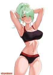 1girls 2d armpits arms_behind_head arms_up artist_name big_breasts black_sports_bra breasts ceres_fauna dopeybunni earrings female female_only green_hair hololive hololive_english hololive_english_-council- hololive_english_-promise- large_breasts legs light-skinned_female light_skin long_hair mole mole_under_eye navel ponytail solo sports_bra sportswear thighs virtual_youtuber vtuber yellow_eyes