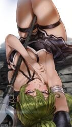 blush breasts green_hair leg_band legs_up looking_at_viewer lying lying_on_back magion02 miniskirt petite petite_body petite_female provocative purple_eyes skirt skirt_lift smiling_at_viewer sousou_no_frieren teenager thick_thighs thigh_strap ubel_(sousou_no_frieren) upside-down