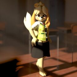 3d_(artwork) animal_crossing anthro blender_(artwork) blender_cycles bottomwear classroom clothing digital_media_(artwork) female fur hi_res isabelle_(animal_crossing) nintendo school serezam178 skirt solo undressing