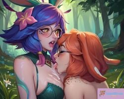 ai_generated aurora_(league_of_legends) cum forest glasses league_of_legends licking lingerie neeko rabbit_ears red_hair saliva sunsetbloom yellow_eyes