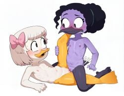 ai_art ai_generated blush breasts ducktales ducktales_(2017) flat_chest lesbian_sex scissoring small_breasts teenage_girl teenager tribadism violet_sabrewing webby_vanderquack yuri