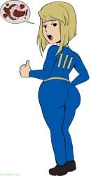 1girls ass bangs blonde_hair fallout fallout_4 female girl human mob_face shadman shoes solo speech_bubble thighs vault_dweller vault_girl vault_meat vault_suit