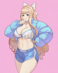 1girls alternate_costume artist_name bikini bikini_top_only blonde_hair blue_eyes blue_jacket blue_shorts bow breasts charlotte_(fire_emblem) choker cleavage clothes_writing cowboy_shot female female female_only fire_emblem fire_emblem_fates hairbow jacket large_breasts long_hair long_sleeves looking_at_viewer meziosaur nintendo open_clothes open_jacket pink_background short_shorts shorts simple_background smile solo standing swimsuit thighs very_long_hair white_bow white_choker