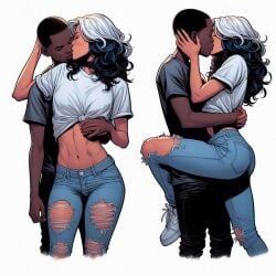 1boy 1girls 2024 ai_generated ai_hands alternate_hair_color anna_marie big_ass closed_eyes dark-skinned_male dark_skin dat_ass female hourglass_figure interracial kissing light-skinned_female light_skin lips male marvel marvel_comics miles_morales red_lips rogue_(x-men) spider-man_(series) straight superhero superheroine two_tone_hair white_hair white_streak x-men