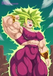 big_areola dragon_ball_super female_focus flexing flexing_bicep gym_clothes huge_thighs hyper_muscles kefla leggings muscle_girl muscle_growth octonado puffy_nipples solo_female super_saiyan tight_clothes tight_pants