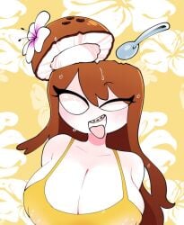 1girls big_breasts brown_hair clothed coco_(quavernsfw) coconut female female_only human no_visible_genitalia noseless original quavernsfw solo solo_female spoon sweat tongue tongue_out toony white_eyes white_skin