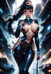 1girls ai_generated android breasts cleavage eve_(stellar_blade) female gynoid league69 long_hair looking_at_viewer ponytail stellar_blade thighs