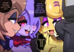 anthro bear big_breasts blonde_hair bonfie bonnie_(cally3d) bonnie_(fnaf) breasts brown_hair chica_(cally3d) chica_(fnaf) chiku clothed clothing dialogue eyelashes female five_nights_at_freddy's freddy_(fnaf) fredina's_nightclub fredina_(cally3d) frenni_fazclaire group hair hat headgear headwear hi_res lagomorph leporid lollipopcon male mammal mtf_crossgender panties pupils rabbit rule_63 scottgames small_penis_humiliation smile speech_bubble tenting text underwear