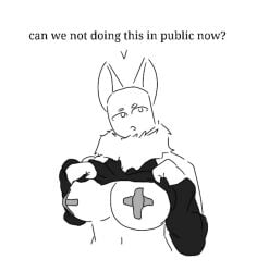 1girls 2024 cat_humanoid digital_drawing_(artwork) digital_media_(artwork) english_text exposed_shoulders feline_humanoid female_focus furry furry_only lifting_clothing lifting_shirt mammal mammal_humanoid monochrome parodysmug roblox roblox_avatar solo_female taped_nipples white_background