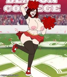 areolae big_breasts burplenurpless cheerleader cheerleader_uniform large_breasts nipples pom_poms red_hair rwby silver_eyes sneakers summer_rose thick_thighs thighhighs topless winking