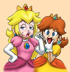 2girls blonde_hair blowjob_gesture blue_eyes brooch brown_hair cheek_bulge color crown dress earrings eyebrows eyebrows_visible_through_hair eyelashes fellatio_gesture female female_focus female_only gloves hair hand_on_hip happy licking lipstick looking_at_viewer mario_(series) motion_lines ninoeros nintendo oral_gesture orange_dress pink_dress princess_daisy princess_peach royalty sexually_suggestive smug soubriquetrouge speed_lines teasing teeth tongue tongue_out v_sign