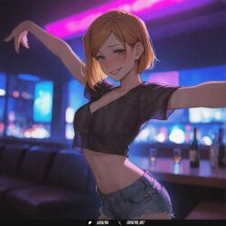 1girl ai_generated blurry blurry_background blush breasts brown_eyes cleavage cowboy_shot crop_top cutoffs denim denim_shorts frenzyai grin jujutsu_kaisen kugisaki_nobara looking_at_viewer midriff navel shirt short_hair short_shorts short_sleeves shorts smile solo