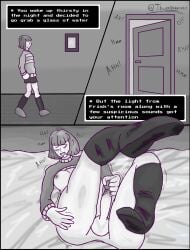 bed bedroom bedsheets chara comic comic_page feet_up femboy femboy_focus femboy_on_femboy femboy_only frisk grayscale high_socks kneehighs laying_on_bed legs_apart legs_up lifted_shirt light-skinned_femboy light_skin masturbating masturbation moaning moaning_in_pleasure peeking socks tagme text text_box thurr_(artist) trembling_for_pleasure undertale