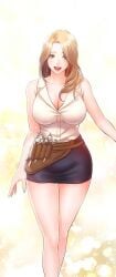 blonde cleavage fair_skin large_breasts sleeveless_shirt wide_hips