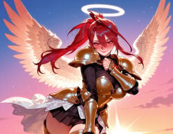 1girl 1girls ai_generated angel angel_wings armor balecxi black_skirt blush boobplate boots breastplate breasts clothing cloud cowboy_shot curvaceous curvaceous_female curvaceous_figure curvy curvy_figure elizabeth_rose_bloodflame feathered_wings feathers female female_focus gold_armor gradient_sky hair_between_eyes halo hand_on_own_chest hololive hololive_english hololive_english_-justice- large_breasts long_hair looking_at_viewer outdoors pauldrons pleated_skirt ponytail red_eyes red_hair shoulder_armor skirt sky smile solo sun sunset vambraces voluptuous voluptuous_female wings