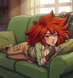 1girl 1girls ai_generated beige_boots beige_pants belt books boots cleavage clothed clothed_female collared_shirt couch female female_focus female_only fingerless_gloves gloves green_couch green_pillow green_shirt living_room looking_at_viewer lying lying_on_stomach nomad_of_nowhere on_stomach pants parted_lips pillow red_hair rooster_teeth shirt skout solo solo_female solo_focus window zupern0va_(manipper)