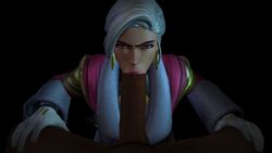 3d alternate_costume angry ashe_(overwatch) big_penis blowjob dark-skinned_male dark_room dark_skin eye_contact fellatio female gigantic_penis interracial large_penis long_penis low-key_lighting male oral overwatch penis pov socialite_ashe