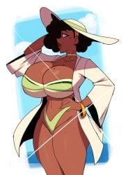 1girls big_breasts black_hair bracelet breasts cleavage curvy dark_skin furiousart green_bikini hand_on_hip hat highleg huge_breasts jewelry lips mole navel oc original short_hair solo swimsuit thick_thighs thighs