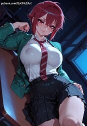 1girl 2026 ahoge ai_generated aizawa_tomo anime bangs black_skirt blazer blush boobs breasts classroom cleavage closed_mouth collared_shirt covered_nipples crossover desk eye_contact eyelashes female female_focus flushed green_jacket hair_between_eyes highres huge_breasts indoors inside jacket large_breasts lips long_sleeves looking_at_viewer lying miniskirt necktie neutral_expression night nsfw on_back on_desk open_clothes open_jacket patreon patreon_username pleated_skirt red_eyes red_hair red_necktie rognezart school_desk school_uniform see-through shirt short_hair sidelocks skirt smile smiling solo striped striped_necktie thick_thighs thighs tomo-chan_wa_onna_no_ko white_shirt window