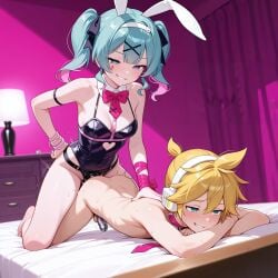 1boy 1girls ai_generated anal_penetration asukasslave bed bedroom chastity_cage femdom hatsune_miku kagamine_len pegging