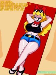 aged_up belt booty_shorts bow chaoticdream cleavage english_text female female_only five_nights_at_freddy's ghost ghost_girl glasses lying lying_on_back pixel pixel_(artwork) pixel_art self_upload short_shorts susie_(fnaf) tagme text yellow_hair