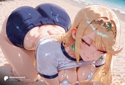 1girl 1girls absurd_res absurdres ai_generated all_fours alternate_costume ass beach big_ass big_breasts bikini bikini_top_only blonde_hair blue_shorts blush bra breasts buruma cleavage closed_mouth clothes_lift denim earrings female female_focus gem gym_shirt gym_uniform hanging_breasts headpiece hi_res high_quality high_resolution highres jewelry large_ass large_breasts lips long_hair looking_at_viewer mythra mythra_(xenoblade) nekromant outdoors sand shirt shirt_lift short_shorts short_sleeves shorts smile solo solo_focus straight swept_bangs swimsuit t-shirt thick_thighs thighs tiara water wet white_bikini white_bra white_shirt wide_hips xenoblade_(series) xenoblade_chronicles_2 yellow_eyes