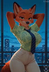 ai_assisted ai_generated anthro aroused bedroom behind blue breasts city city_background cute eyes facing_viewer female female_fox feminine fluffy fox fur genderbend genderbent green hands head holdsteady horny large large_breasts looking_at_viewer necktie nick_wilde night orange pants patreon patreon_username perfect_body petite rule_63 seductive sexy shirt smile standing striped tagme tuft voluptuous window zootopia