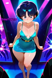 1girl ai_generated akane_tendo angry angry_face blue_dress blue_eyes blue_hair breasts dress female female_only girl heels legs nightclub ranma_1/2 sexy short_hair standing tag_your_ai_trash
