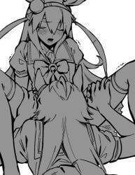 2girls ahoge animal_ears arm_support blush bow closed_eyes cunnilingus dot_nose drooling ear_covers furrowed_brow futarideyukou greyscale hairband hands_on_another's_thighs highres horse_ears horse_girl horseshoe_ornament long_hair lying monochrome mouth_drool multiple_girls oguri_cap_(umamusume) open_mouth oral pleated_skirt puffy_short_sleeves puffy_sleeves raised_inner_eyebrows sailor_collar school_uniform short_sleeves simple_background sitting skirt summer_uniform tamamo_cross_(umamusume) thighhighs tracen_school_uniform trembling trembling_legs umamusume white_background yuri